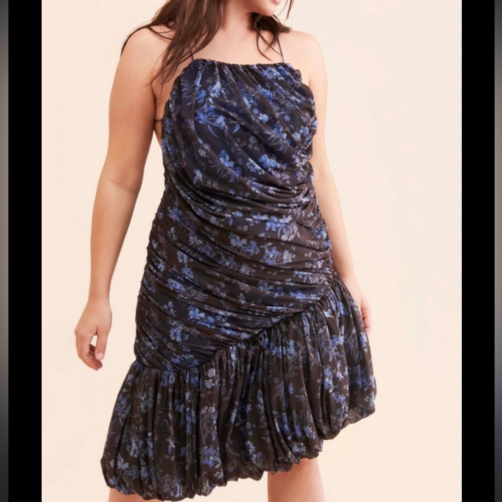 Asymmetrical Blue and Black Ruched Halter Sundress